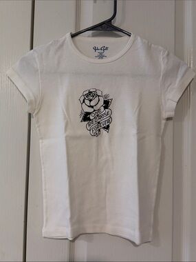 Brandy Melville White Short-Sleeve Tee with Black Rose Graphic